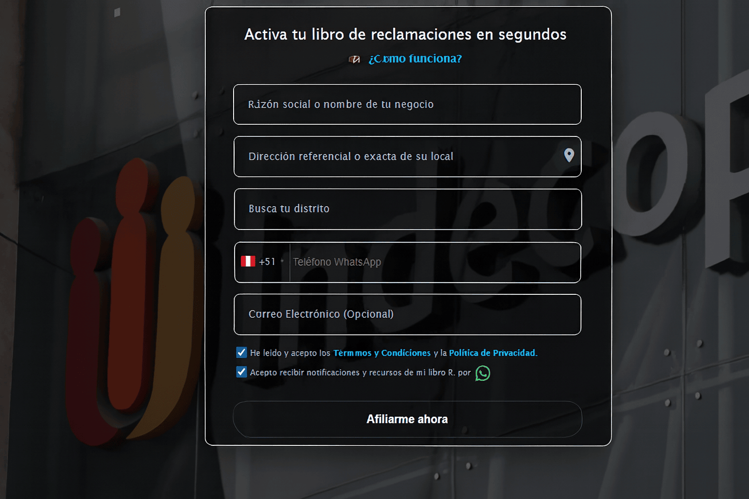 Captura de pantalla de la página web de afiliación