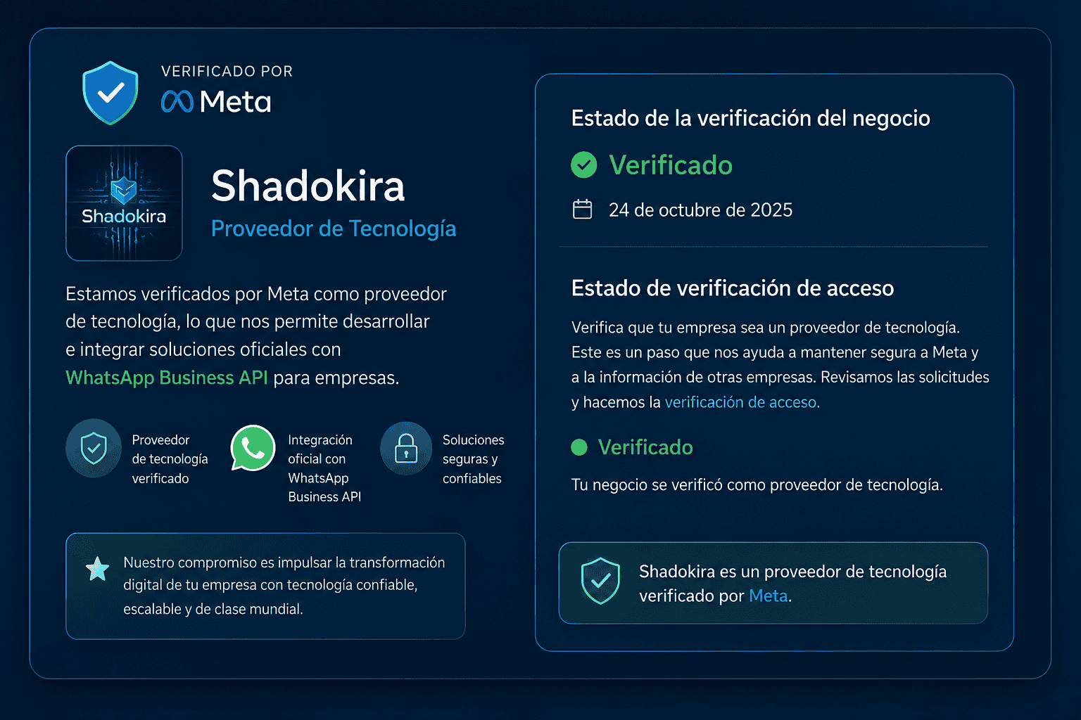 Shadokira Verificado por Meta Business Suite para integraciones empresariales con WhatsApp API Oficial